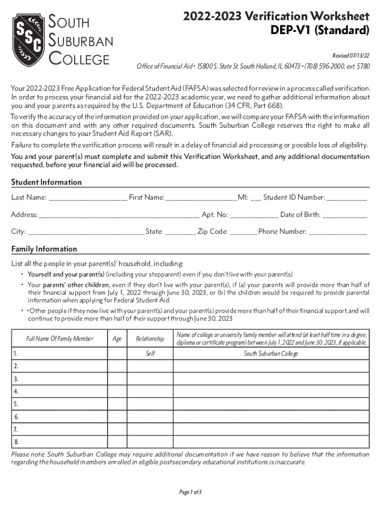Fillable Online 2022-2023 Verification Worksheet - South Suburban ...