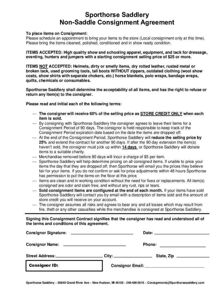 Fillable Online Sporthorse Saddlery Non-Saddle Consignment Agreement ...