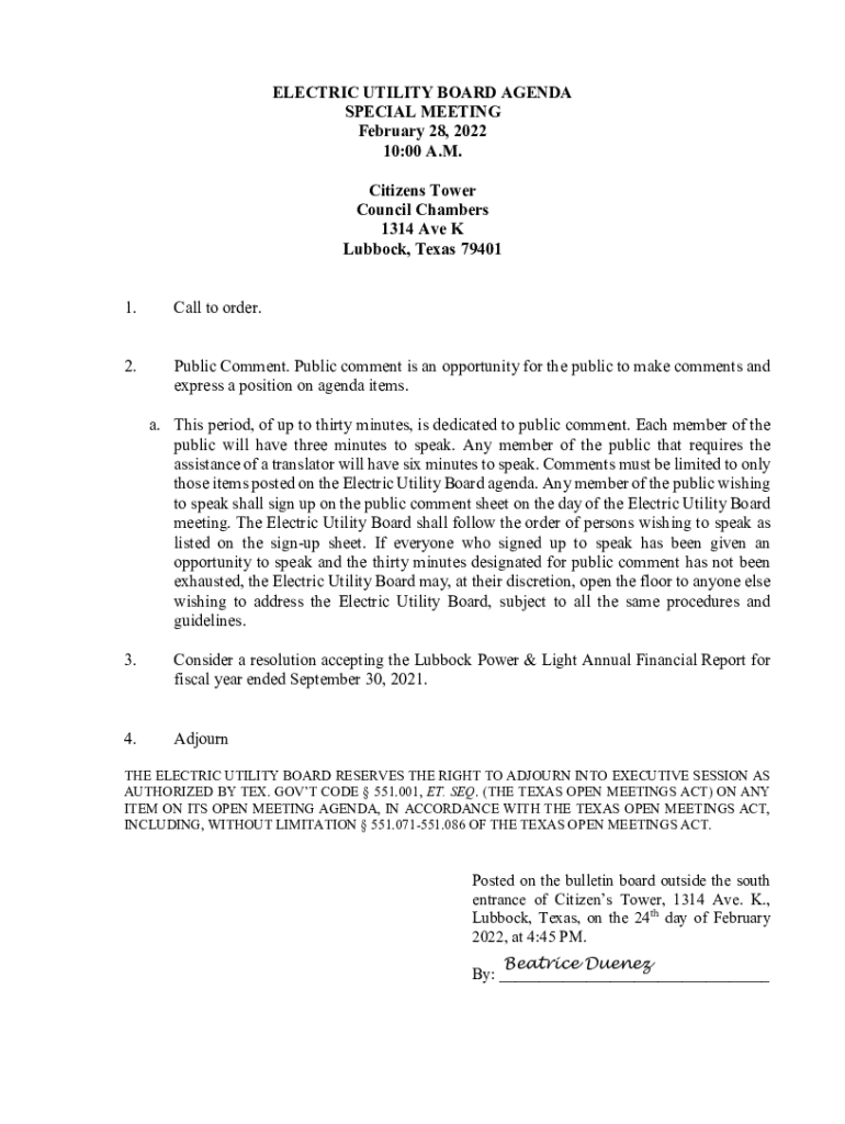 Fillable Online electric utility board agenda - Lubbock Power &amp; Light ...