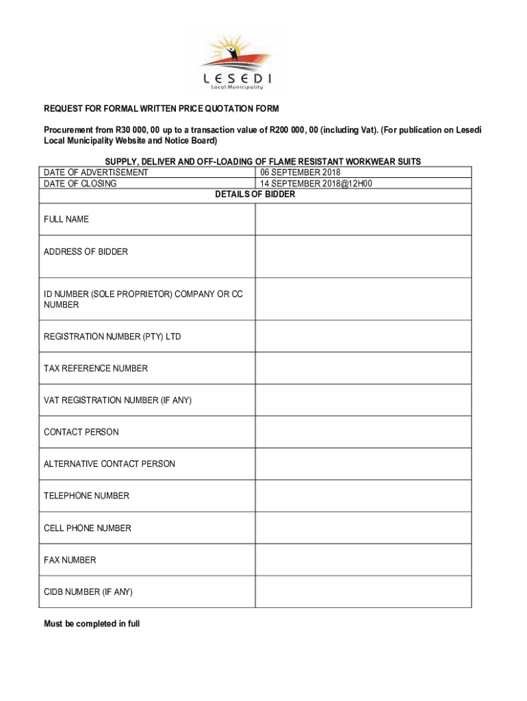 Fillable Online request for formal written price quotation form Fax
