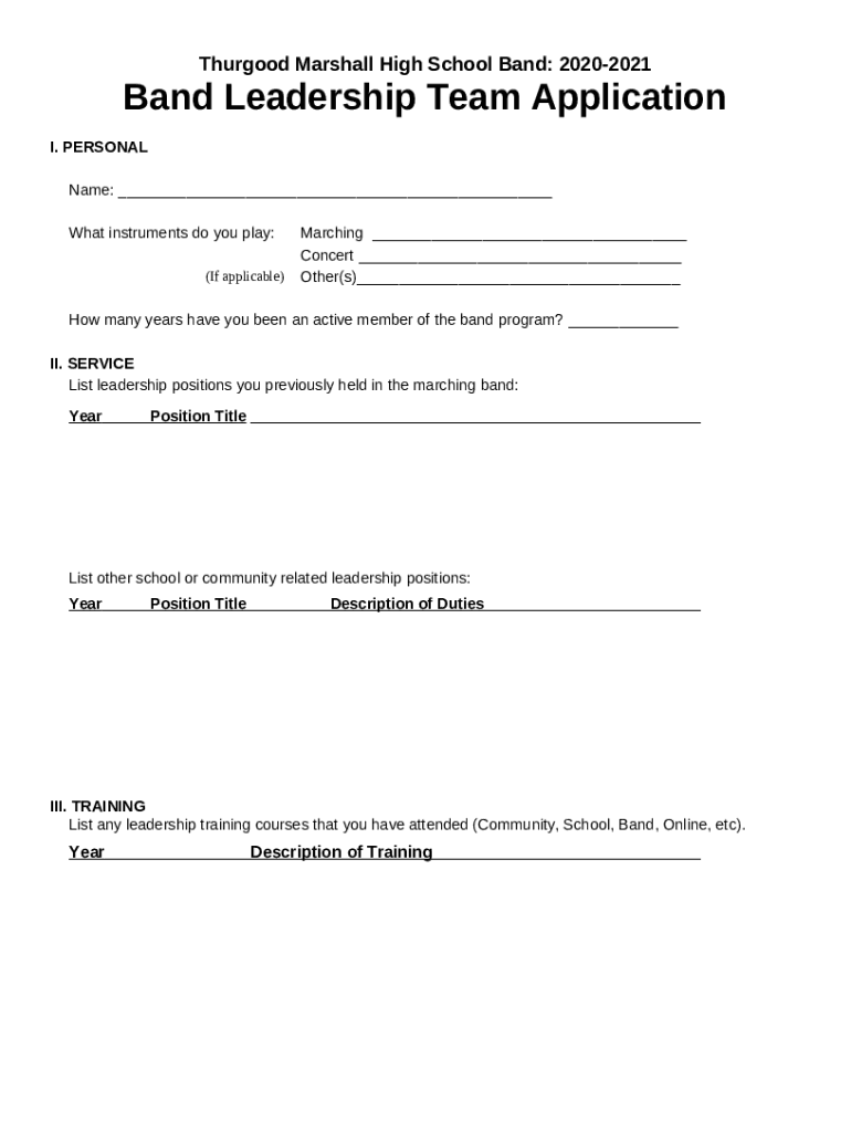 Leonard High School Band Leadership Team Application Doc Template