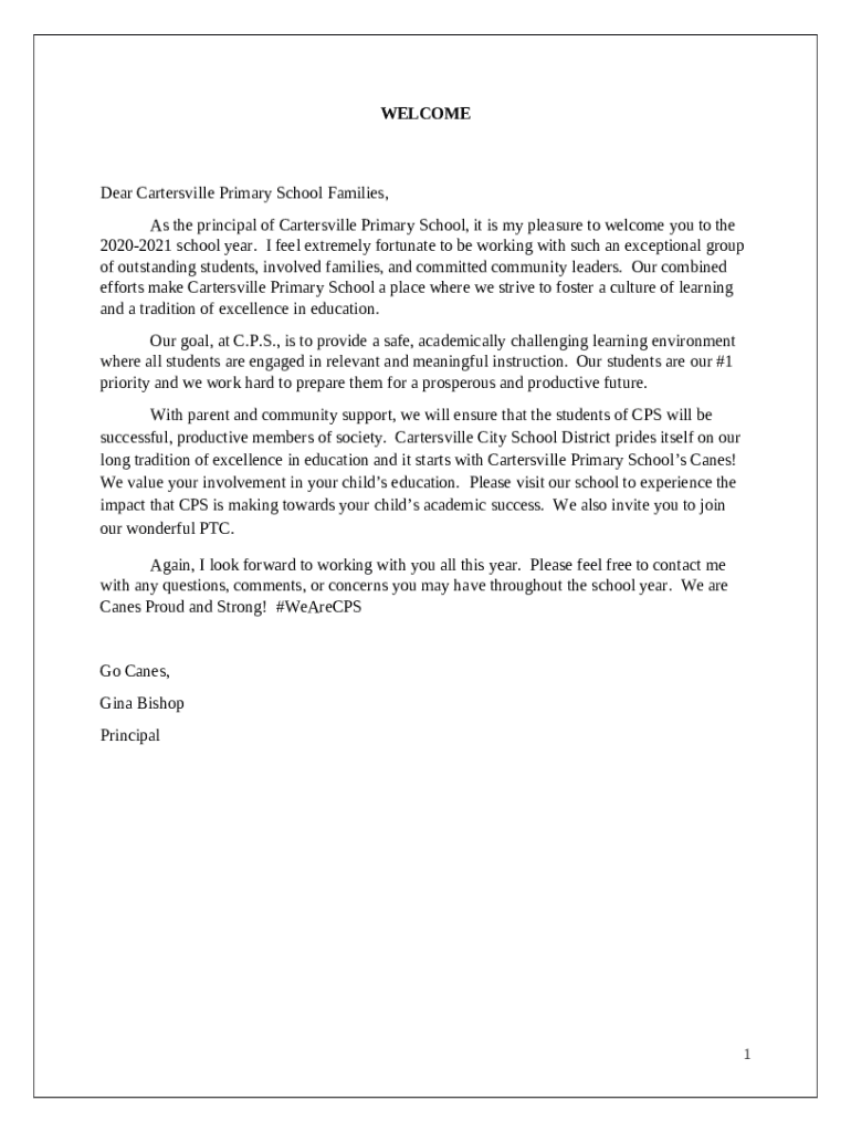 Dear cartersville primary school families as the principal of doc