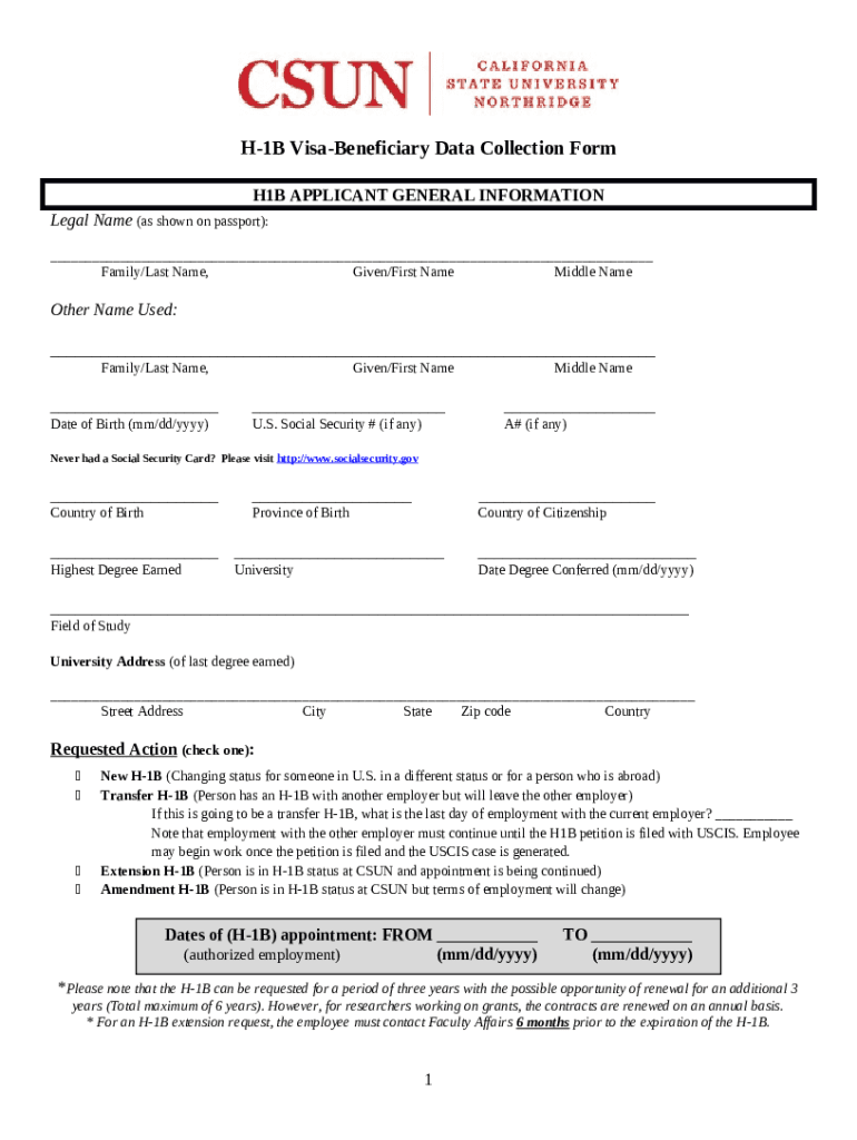 Data Sheet For H 1B O 1 E 3 Or TN Applicant Columbia ISSO Doc 