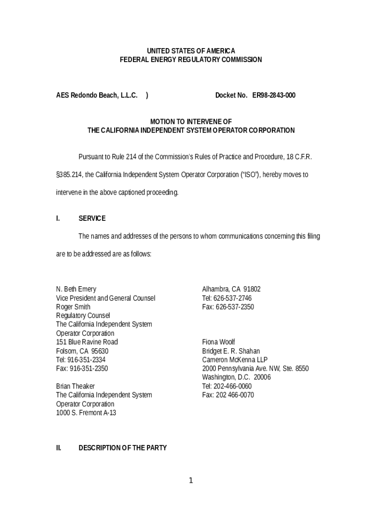 federal energy regulatory commission California ISO Doc Template