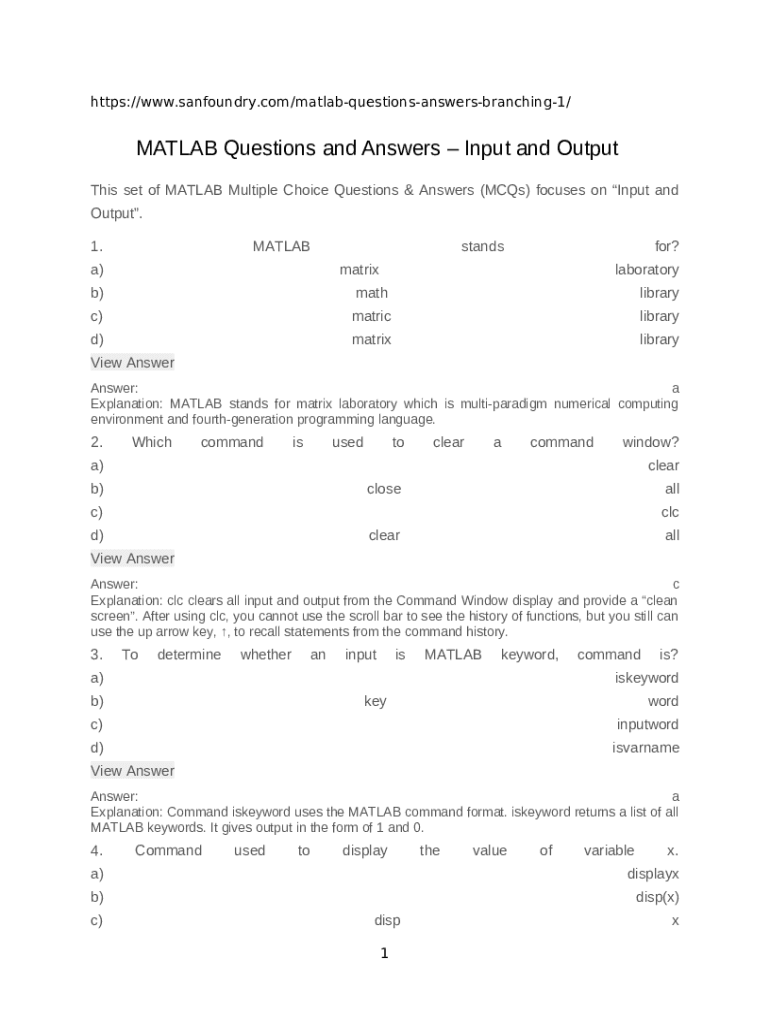 Input & Output MATLAB Questions and Answers Sanfoundry