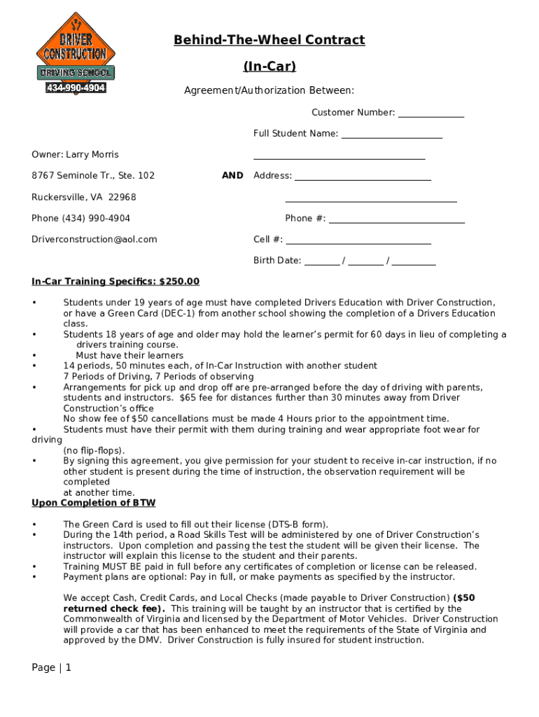 BehindTheWheel Contract (InCar) Doc Template pdfFiller