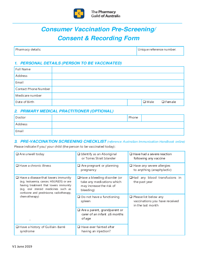 consumer vaccination pre screening consent recording form Preview on Page 1