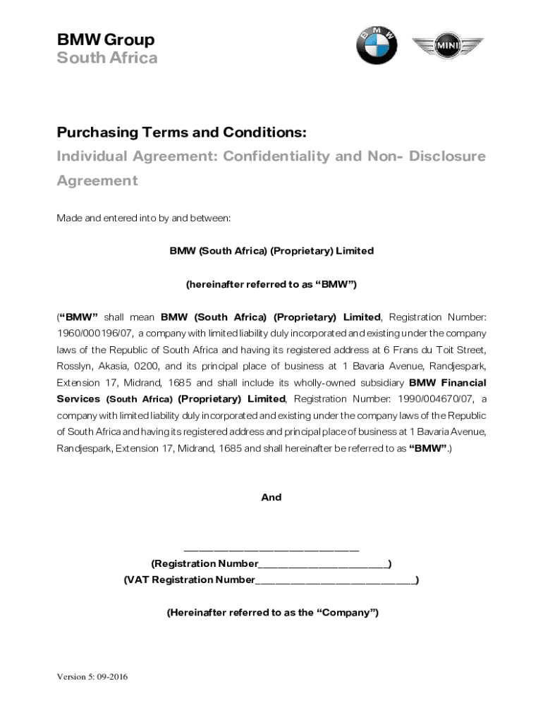 Fillable Online Confidentiality and Non- Disclosure Agreement - BMW Fax ...