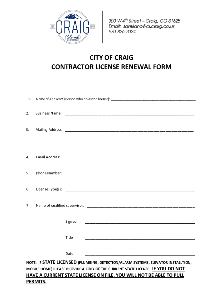 Fillable Online CITY OF CRAIG CONTRACTOR LICENSE RENEWAL FORM Fax Email