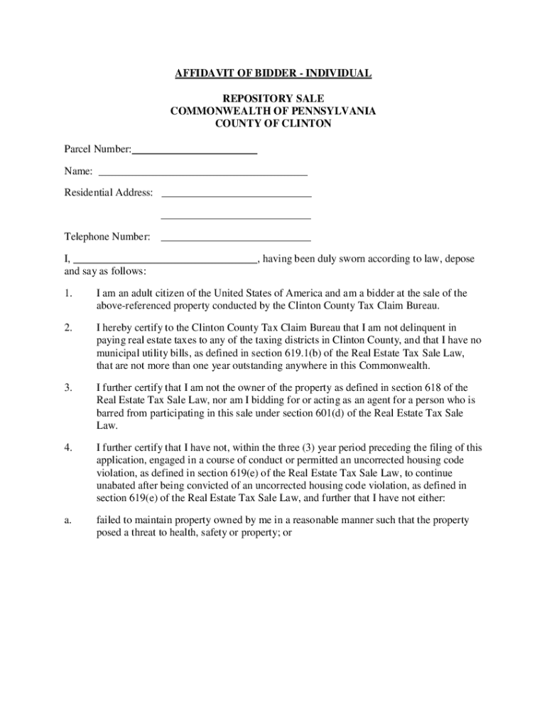 Fillable Online Bidder No. AFFIDAVIT OF BIDDER JUDICIAL TAX SALE