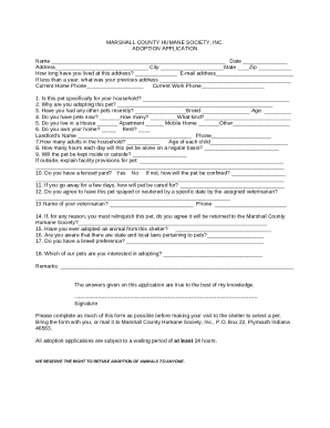 Heartland Humane Society ADOPTION APPLICATION Doc Template | pdfFiller