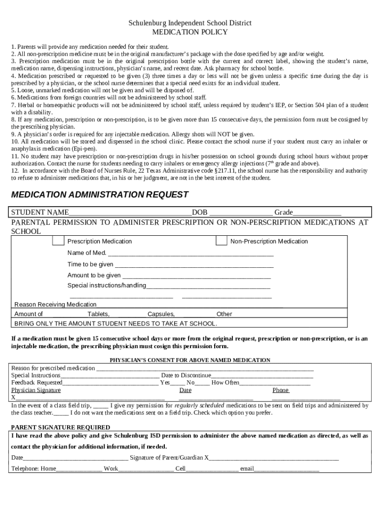 Authorization to Administer Medication Penelope ISD Doc Template