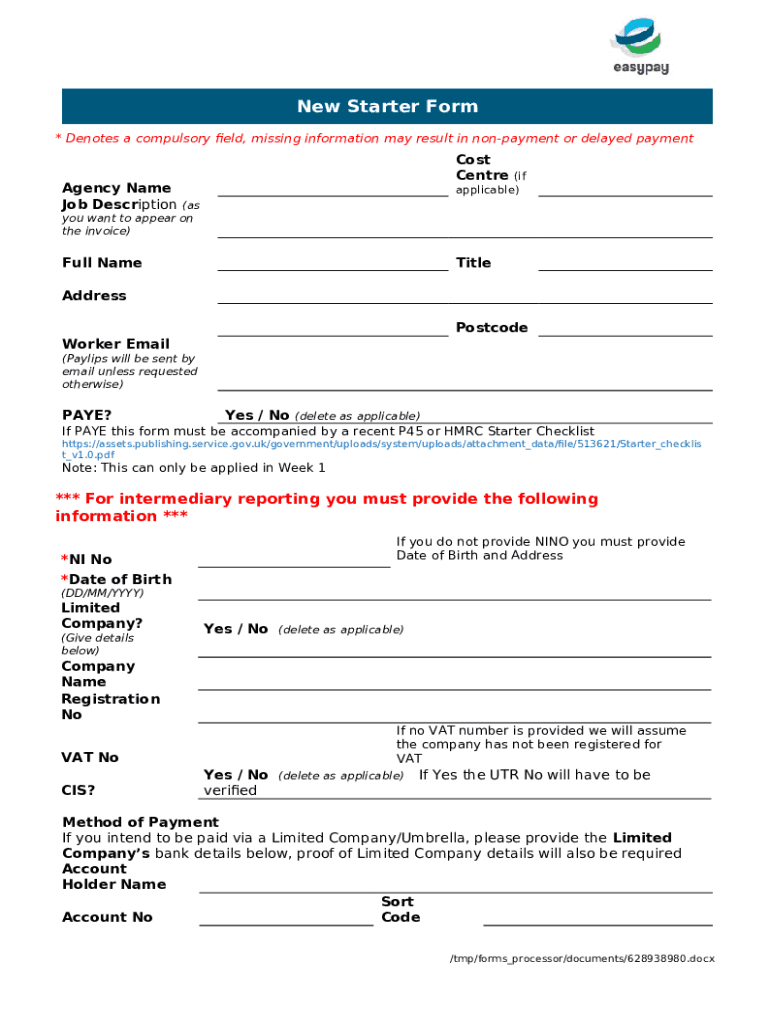 5 sections to complete on a new employee starter Indeed Doc Template