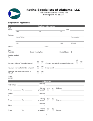 Employment application - Retina Specialists of Alabama