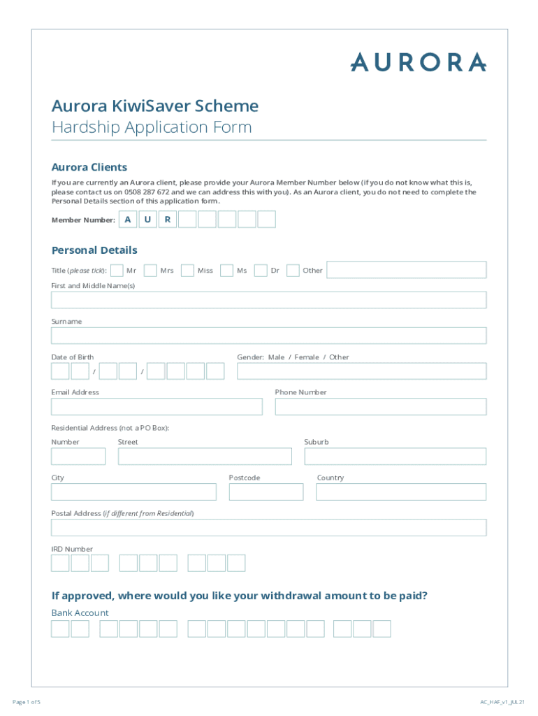 Fillable Online Aurora KiwiSaver Scheme Hardship Application Form Fax
