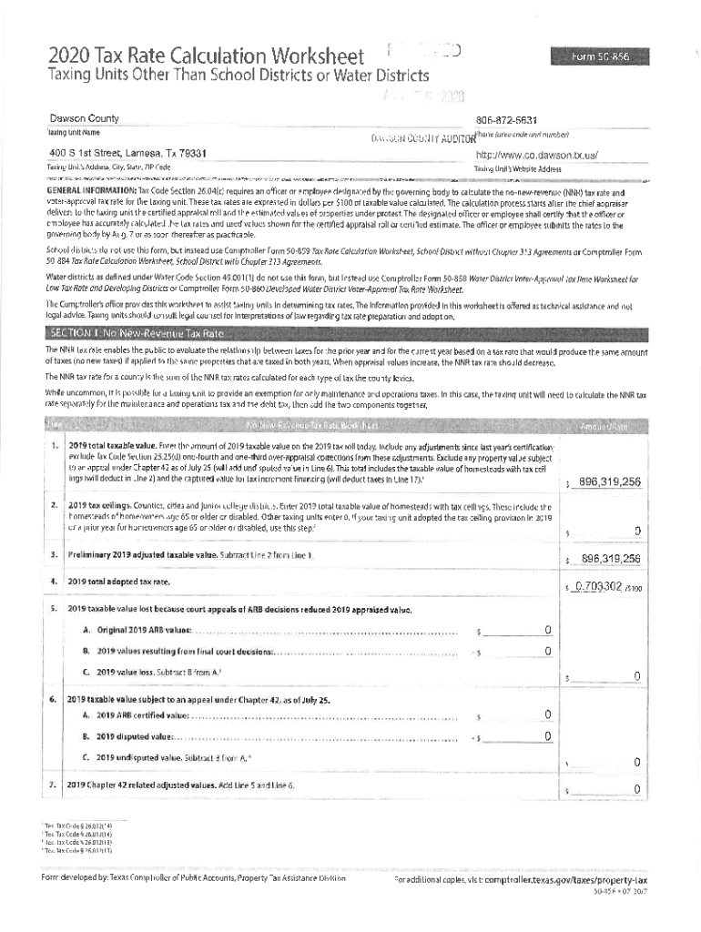 Fillable Online 2020 Tax Rate Calculation Worksheet " Dawson County