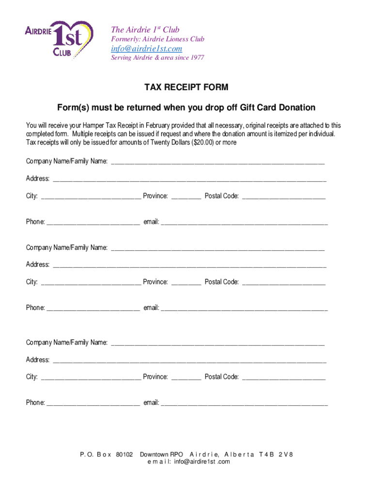 Fillable Online Airdrie 1st Club 2021 Tax Receipt Form.pdf Fax Email