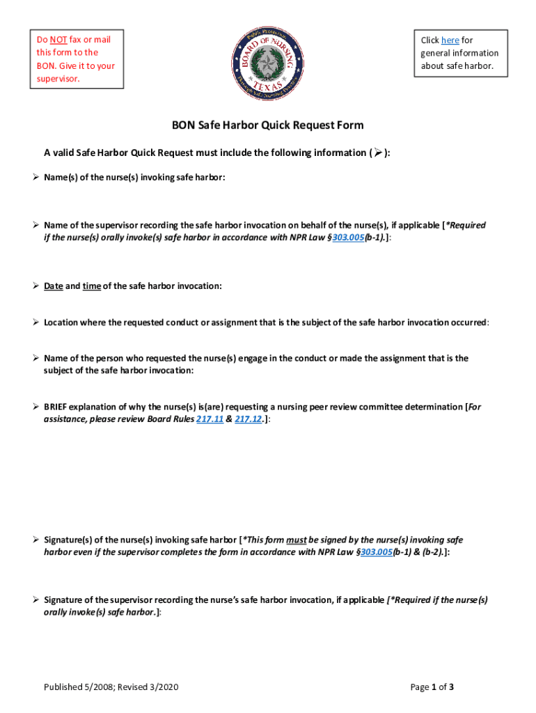 Fillable Online BON Safe Harbor Quick Request Form Texas Board of Nursing Fax Email Print
