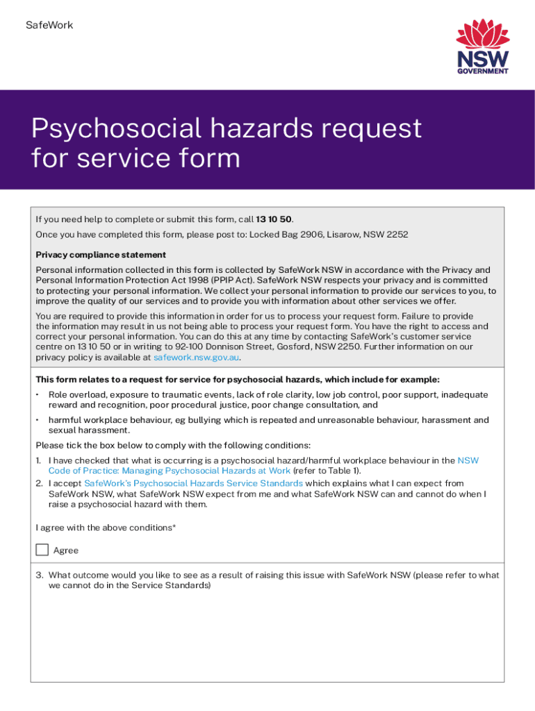 Psychosocial hazards request for service form - SafeWork NSW Preview on Page 1