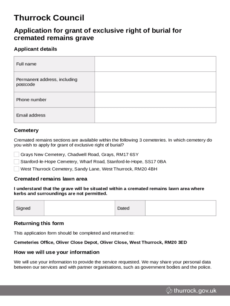 Thurrock Council Application for grant of exclusive right of burial for cremated remains grave