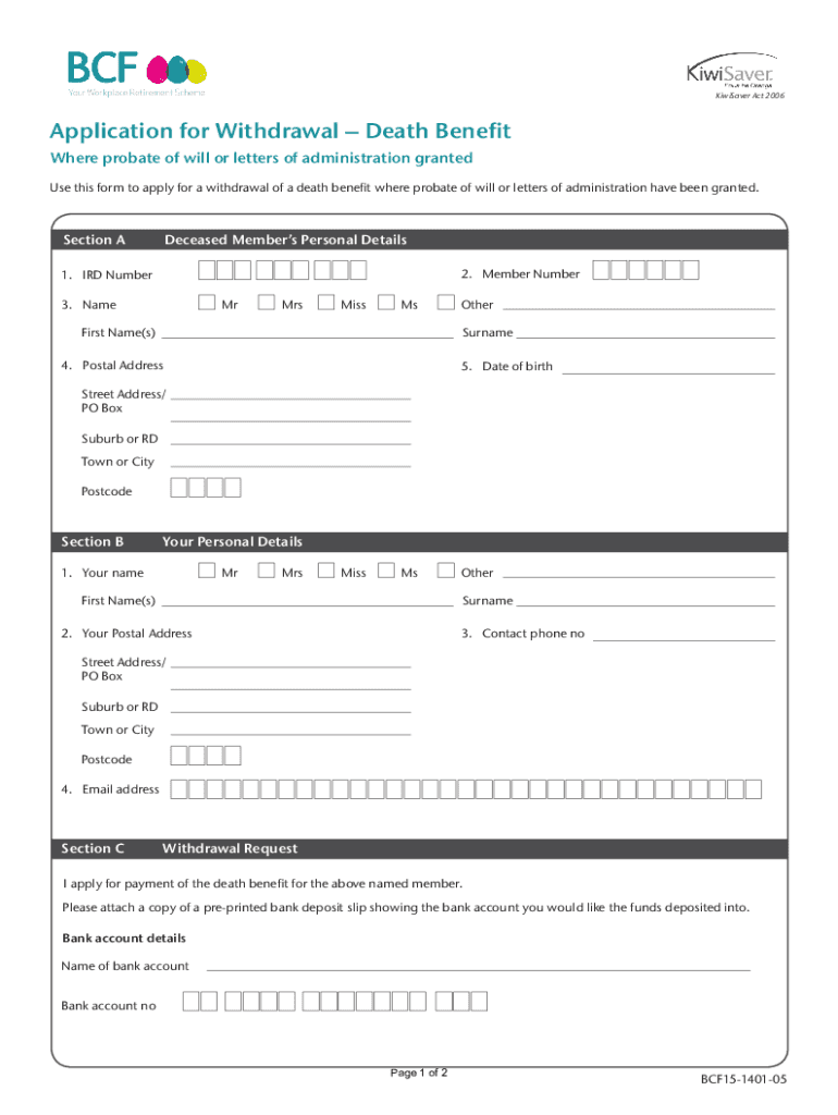 Fillable Online bcfkiwisaver co Deceased Member Withdrawal Form