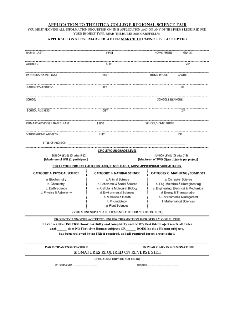 Fillable Online Application to the Utica College Regional Science Fair