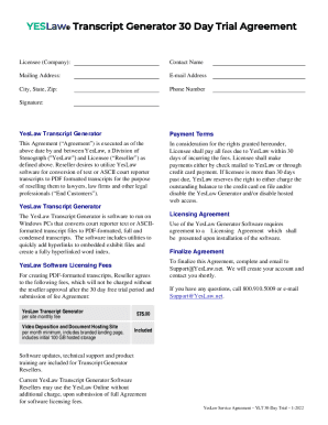 Fillable Online YESLaw Transcript Generator 30 Day Trial Agreement Fax ...