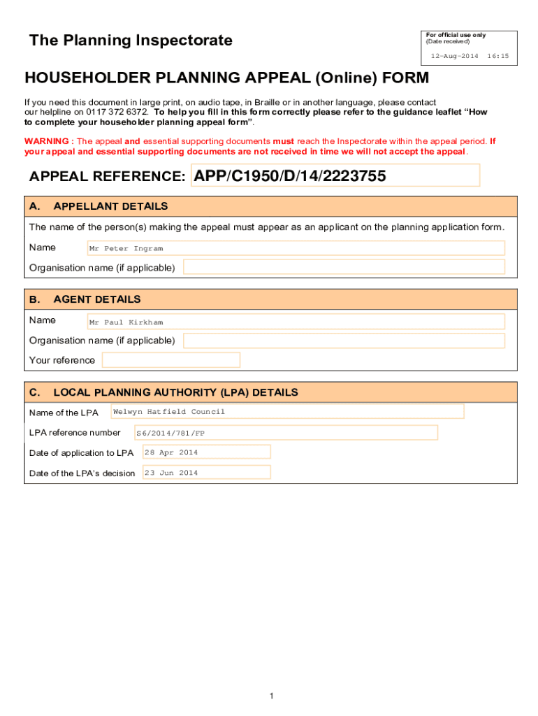 Fillable Online PLANNING APPEAL FORM Version) APP/B2355/A/14