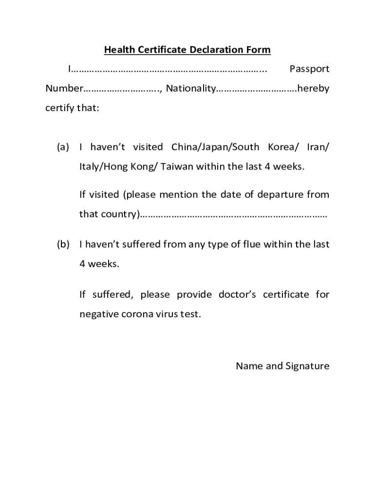 Fillable Online Health Certificate Declaration form Fax Email Print ...