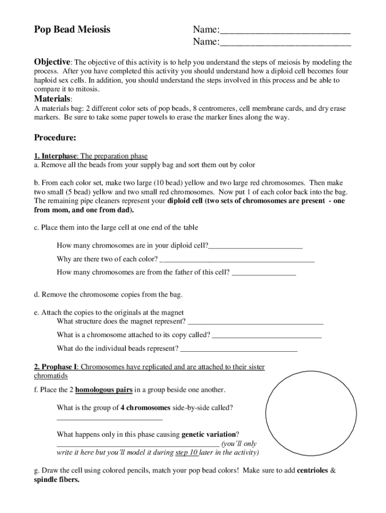 Fillable Online ACTIVITY Modeling Meiosis with Pop Beads Fax Email