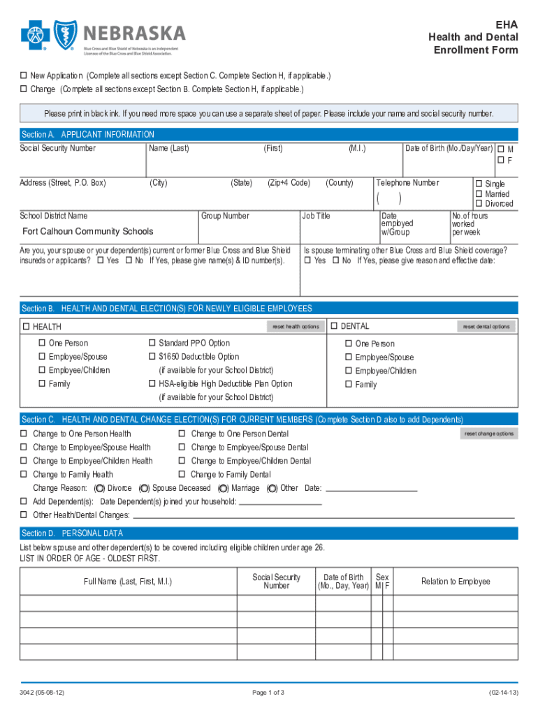 Fillable Online EHA Health and Dental Enrollment Form ESU 13 Fax