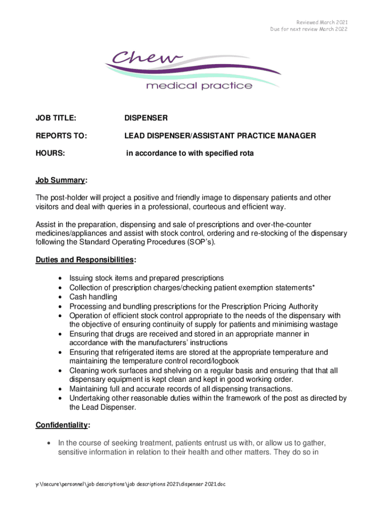 Fillable Online Dispensary Assistant job description and person