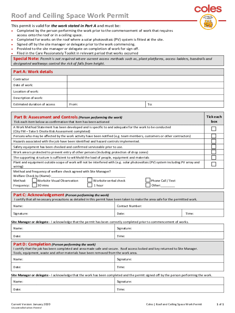 FORM Permit - Working at Heights, Roof and Ceiling Space Preview on Page 1