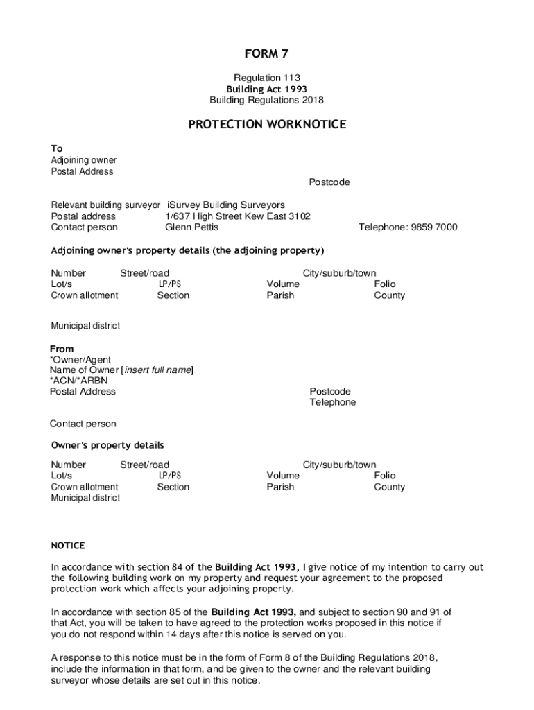 Fillable Online Form7ProtectionWorkNoticeToadjoining Vic Permits Fax Email Print