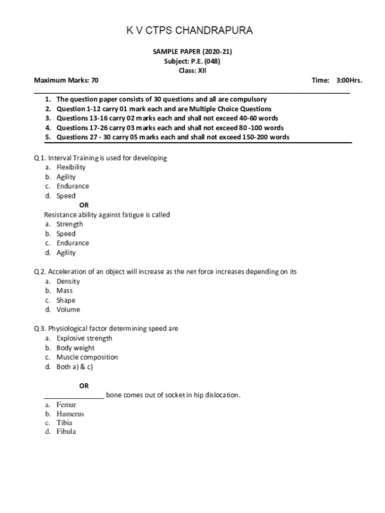 Fillable Online Sample Paper of Physical Education Class 12 with