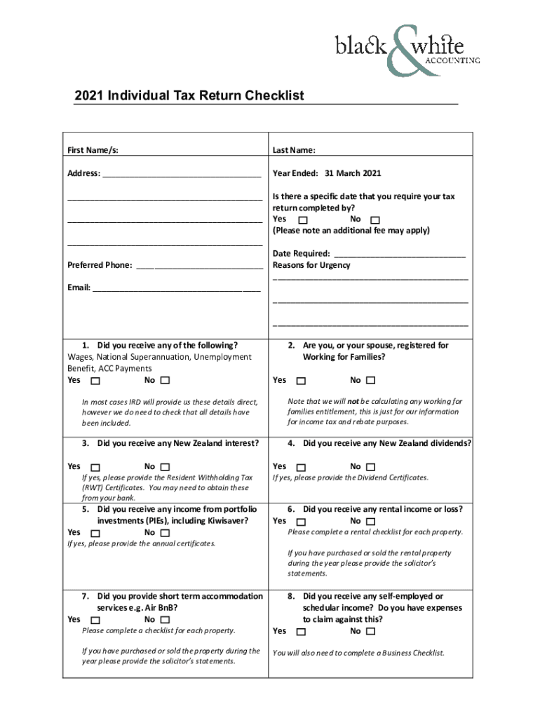 Fillable Online 2021 Individual Tax Return Checklist Black & White