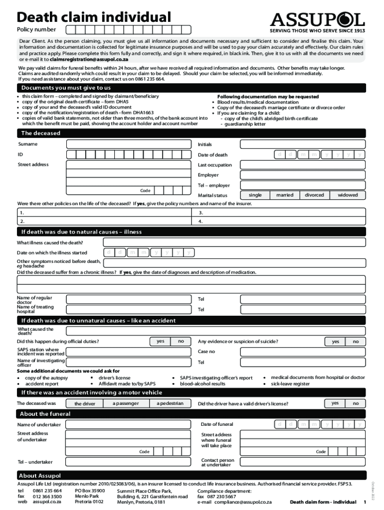 assupol death claim form Preview on Page 1