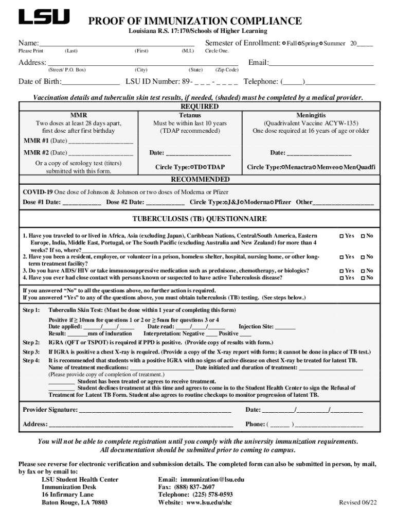 lsu immunization form Preview on Page 1