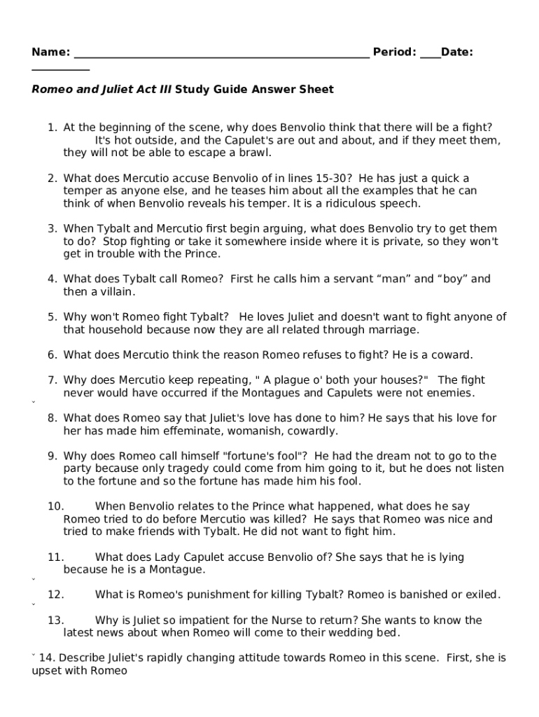 Romeo and Juliet Act III Review Answer Sheet.docx Doc Template pdfFiller