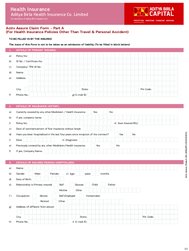 Fillable Online Health Insurance Claim Form PartA.cdr Aditya Birla