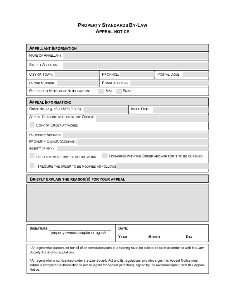 Fillable Online Property Standards ByLaw Appeal Notice Form Fax Email