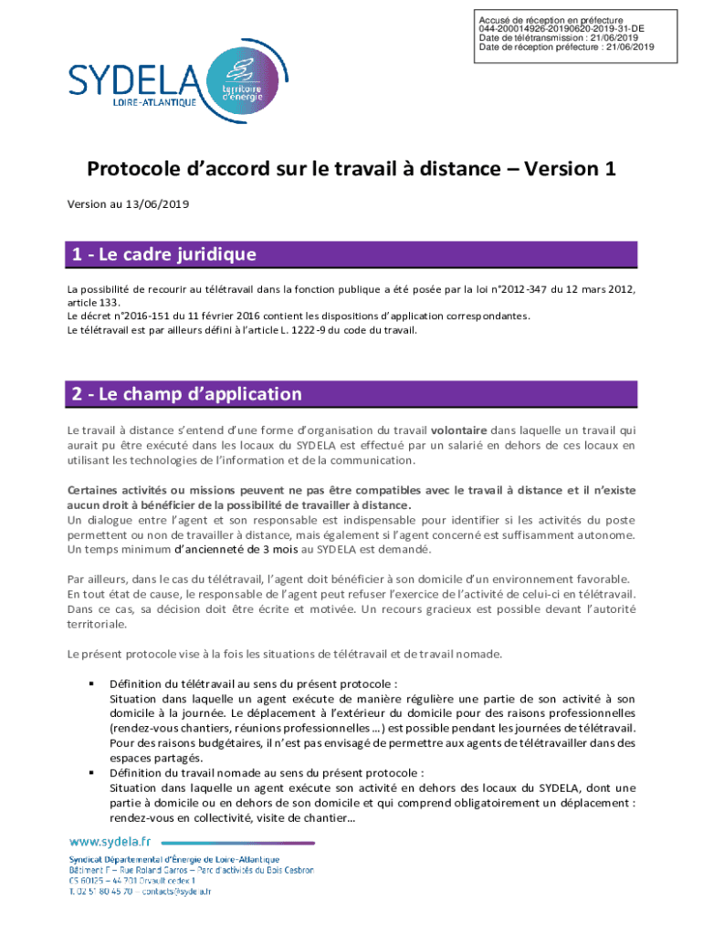 Fillable Online Protocole daccord sur le travail distance Version 1 Fax