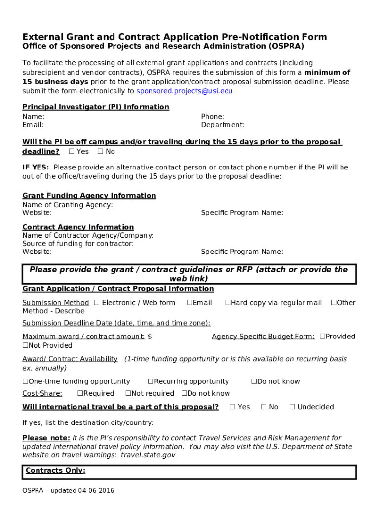 Grant Application/Federal Contract PreNotice . StudyLib Doc Template pdfFiller