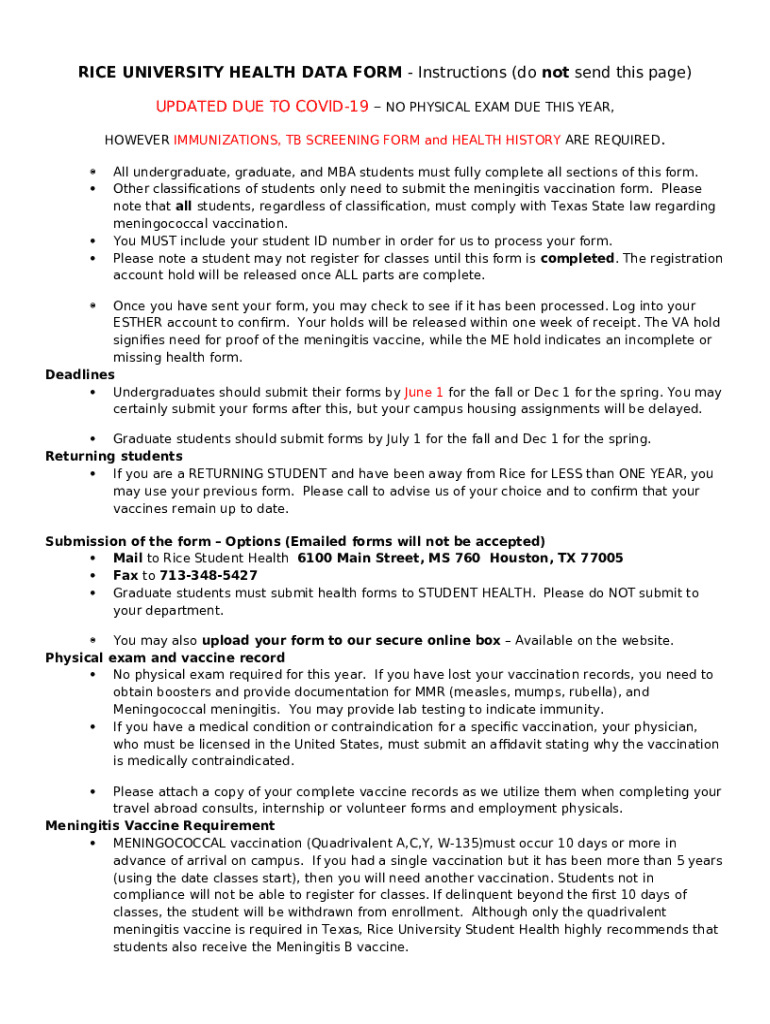 Health Data Student Health ServicesRice University health rice Doc Template pdfFiller