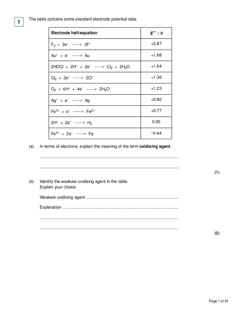 Fillable Online The table contains some standard electrode potential