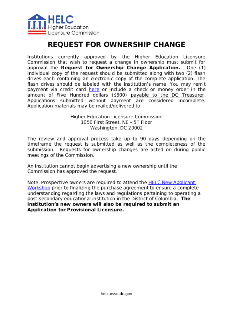 Request for Ownership Change A. Institution Ination HELC Doc Template
