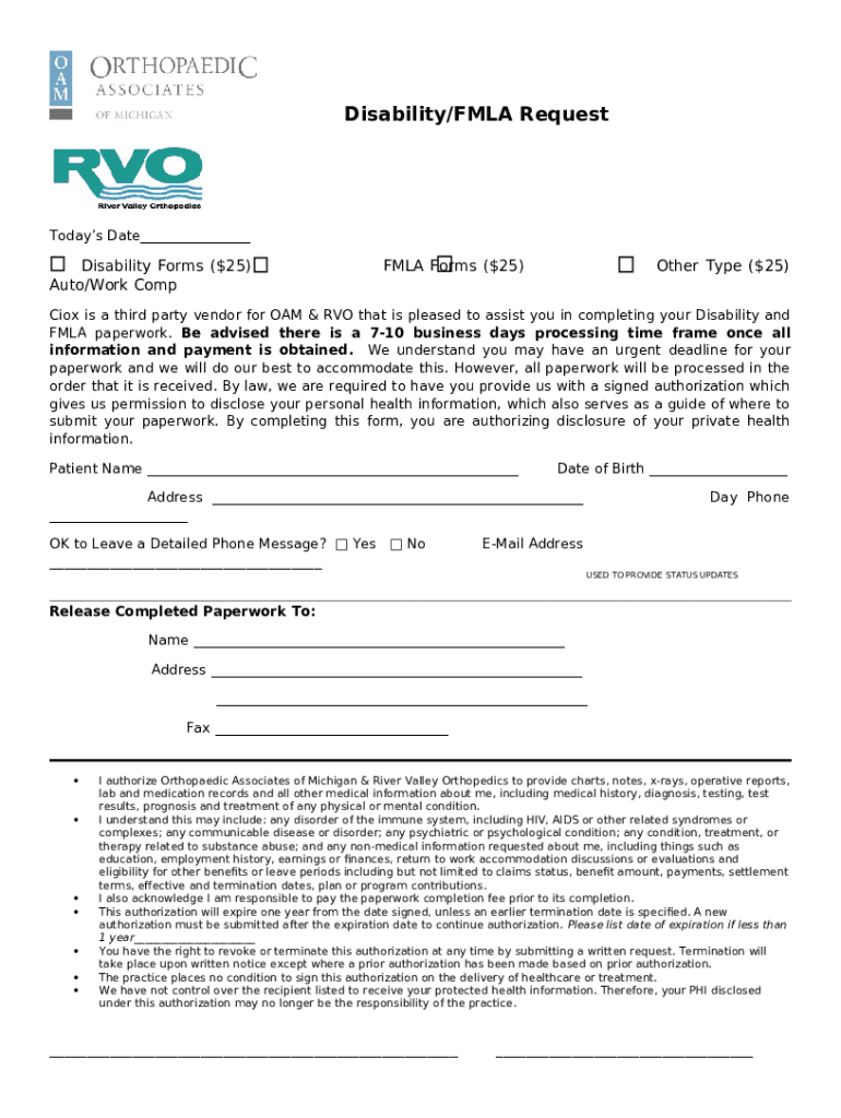 Disability/FMLA Request Orthopaedic Associates of Michigan Doc