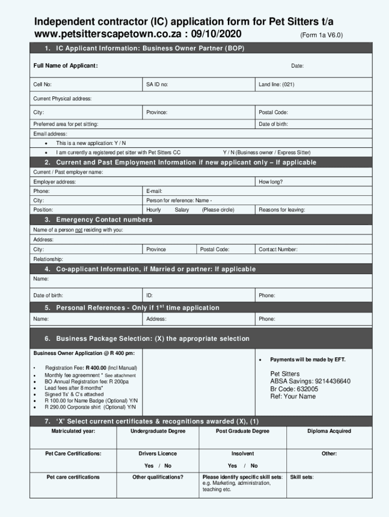 Fillable Online Rental application PET SITTERS Cape Town Fax Email