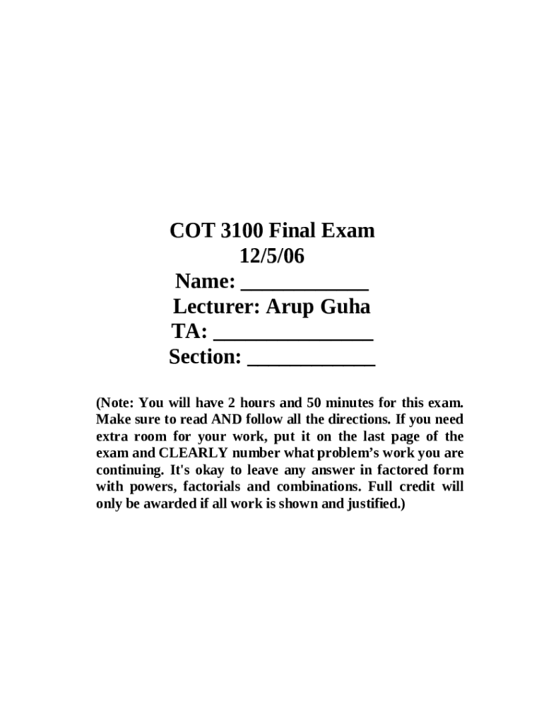 COT 3100 Final Exam Doc Template pdfFiller