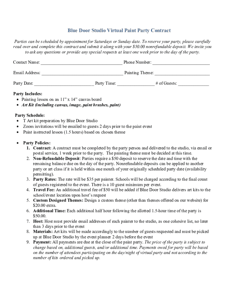 Fillable Online Blue Door Studio Virtual Paint Party Contract Fax Email